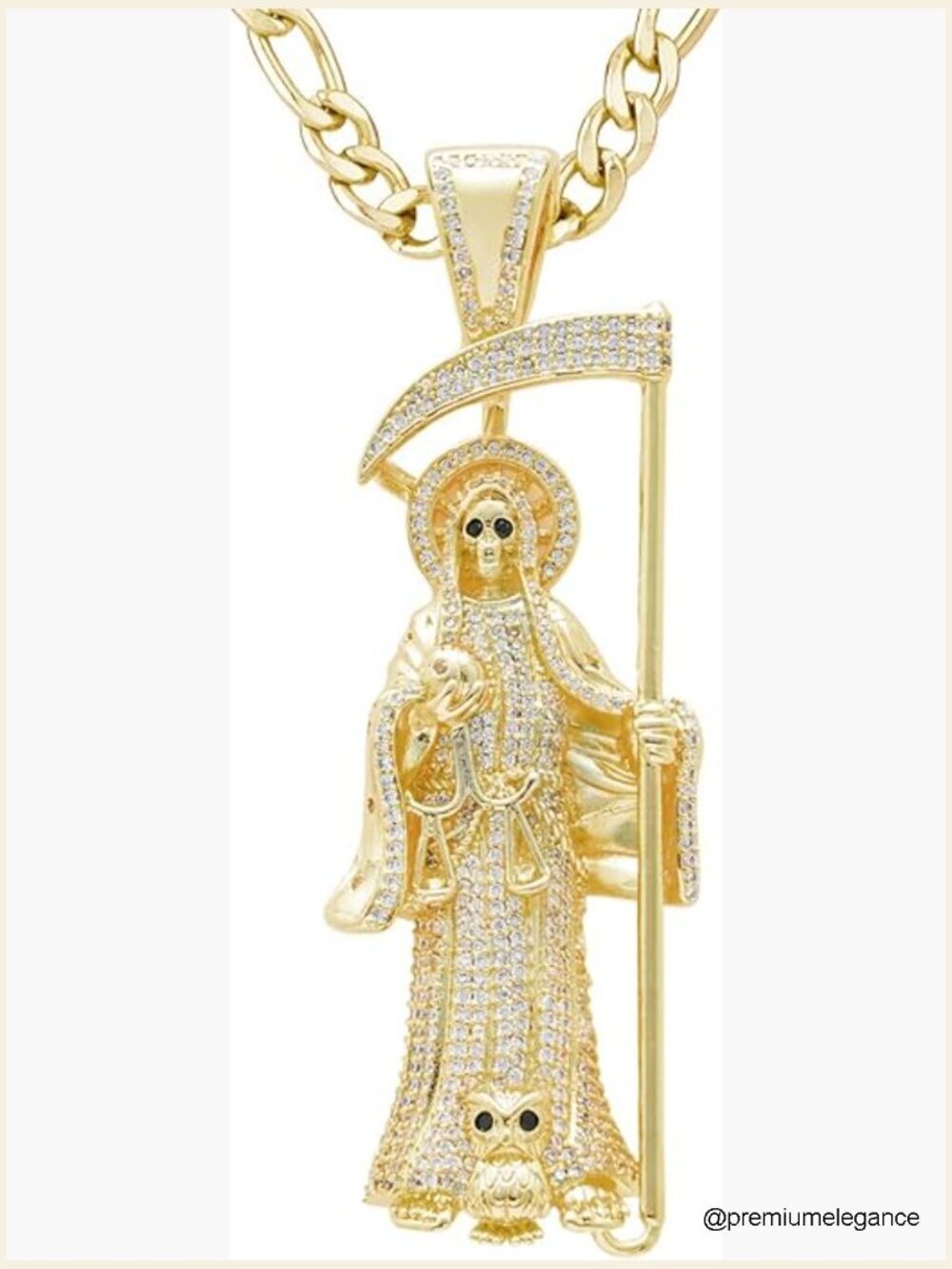 14K Gold Plated Brass CZ Skull Santa Muerte Pendant Necklace 24"